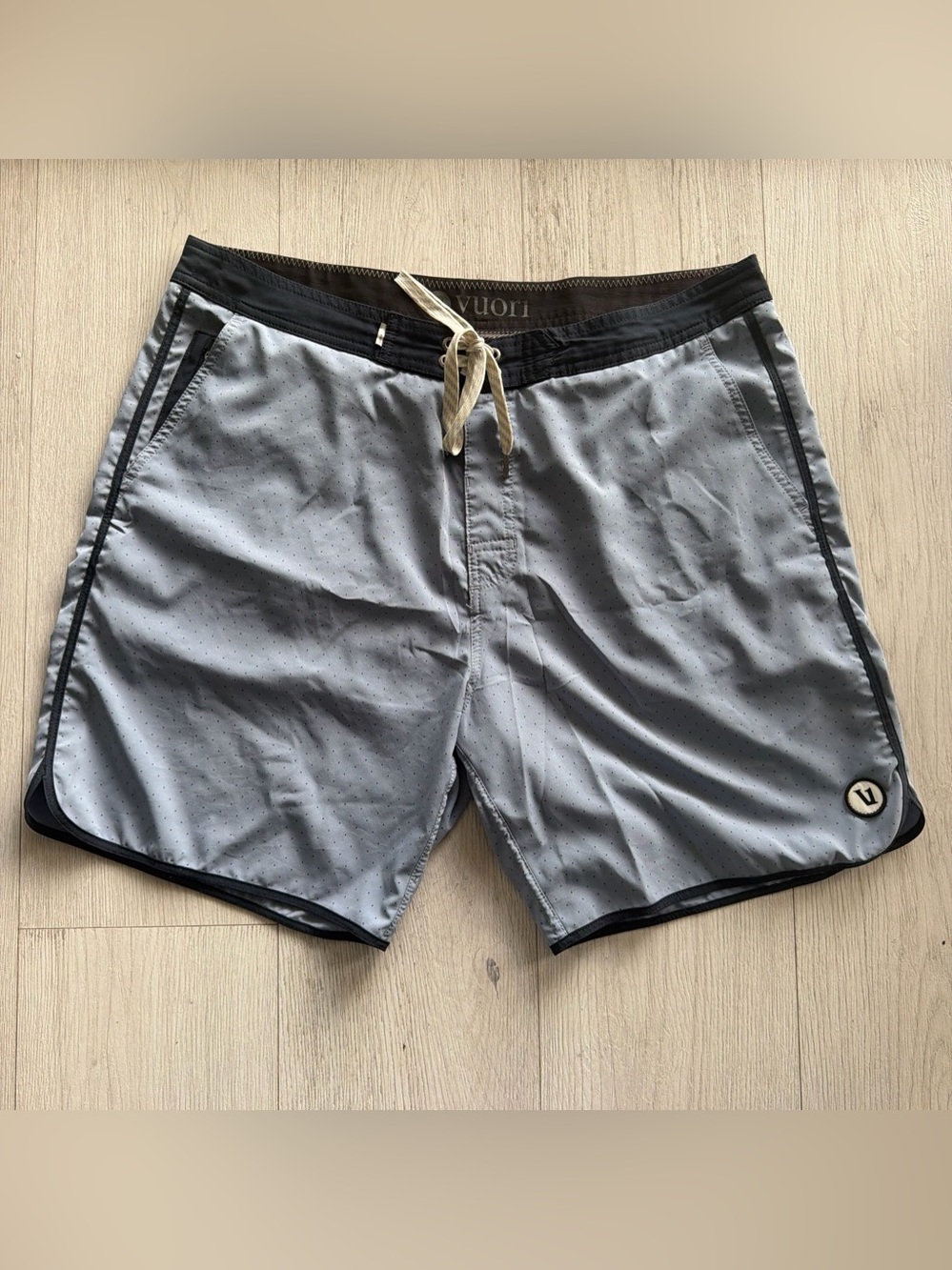 Vuori Light Gray Swim Board Shorts with Black Trim